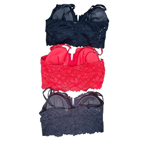 PINK Victoria’s Secret Lace Bralette Set M Black & Red Longline Plunge - Picture 2 of 4